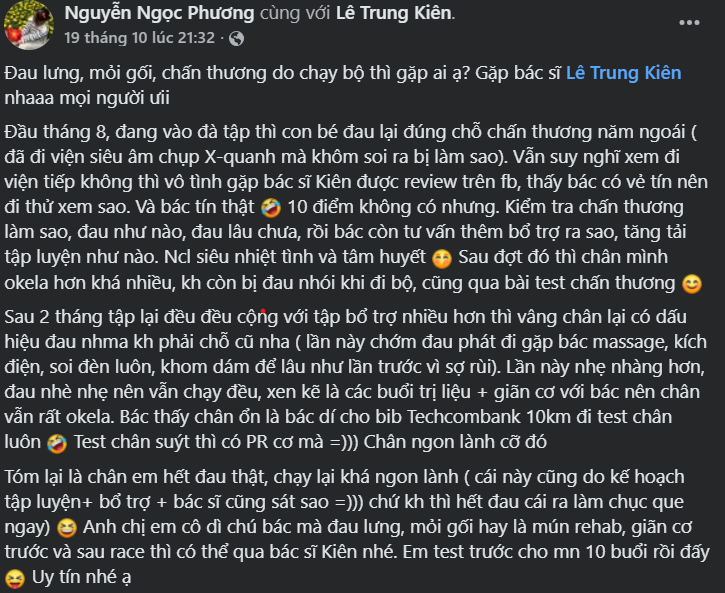 Bài đăng Facebook chia sẻ hành trình điều trị chấn thương khi chạy bộ
